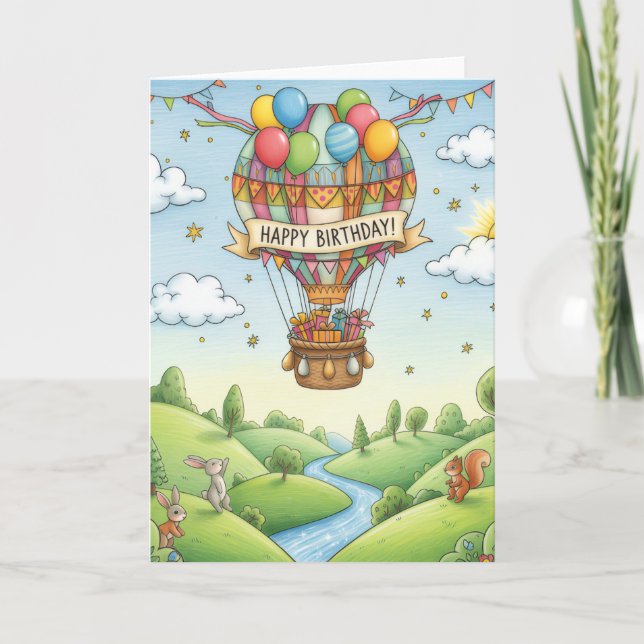 Tarjeta Whimsical Hot Air Balloon Woodland Birthday Card (Anverso)