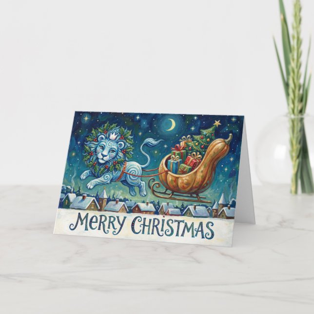 Tarjeta Whimsical Lion Pulling Sleigh Christmas Card (Anverso)