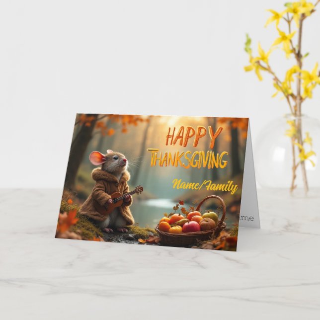 Tarjeta Whimsical Mouse Thanksgiving – Autumn Forest Celeb (flor amarilla)