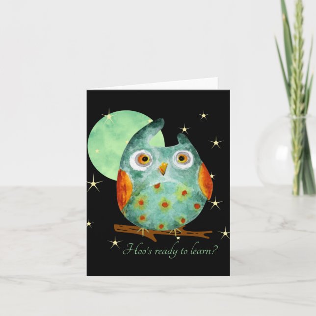 Tarjeta Whimsical Owl Watercolor Style Name School On Back (Anverso)
