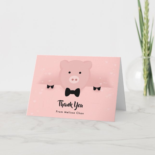 Tarjeta Whimsical Pink Pig in a Bow Tie Gracias (Anverso)