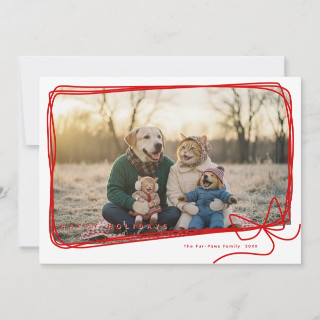 Tarjeta Whimsical Red Ribbon Frame Holiday Photo (Anverso)
