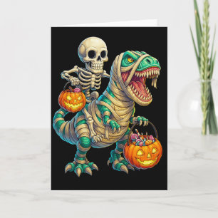 Tarjeta Whimsical Skeleton Riding Mummy T-Rex Halloween