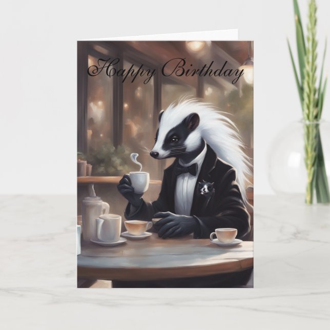 Tarjeta Whimsical Skunk in a coffee shop birthday (Anverso)