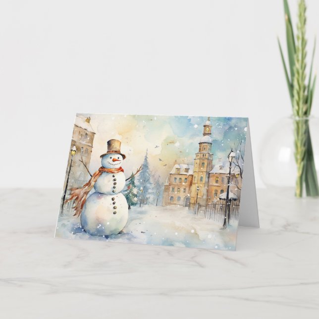 Tarjeta Whimsical Snowman in a Snowy Village Greeting (Anverso)