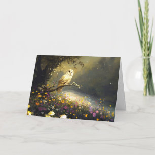 Tarjeta Whimsical Snowy White Owu Wildflowers Art