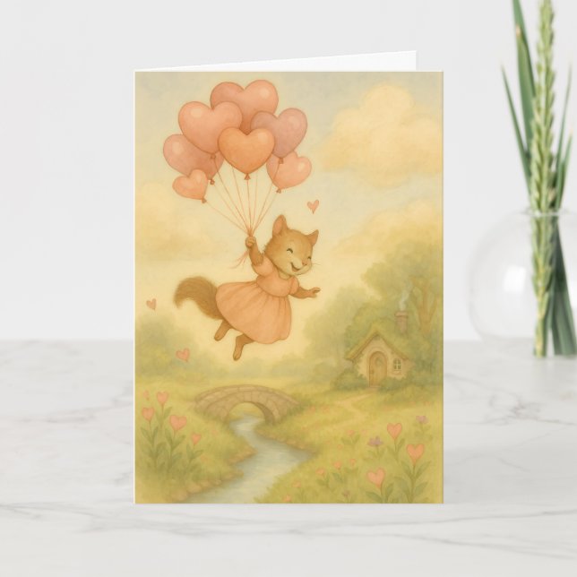 Tarjeta Whimsical Squirrel with Heart Balloons Valentine  (Anverso)