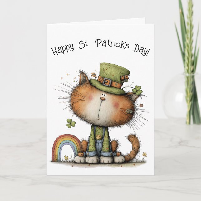 Tarjeta Whimsical St. Patrick’s Day Cat Cheer (Anverso)