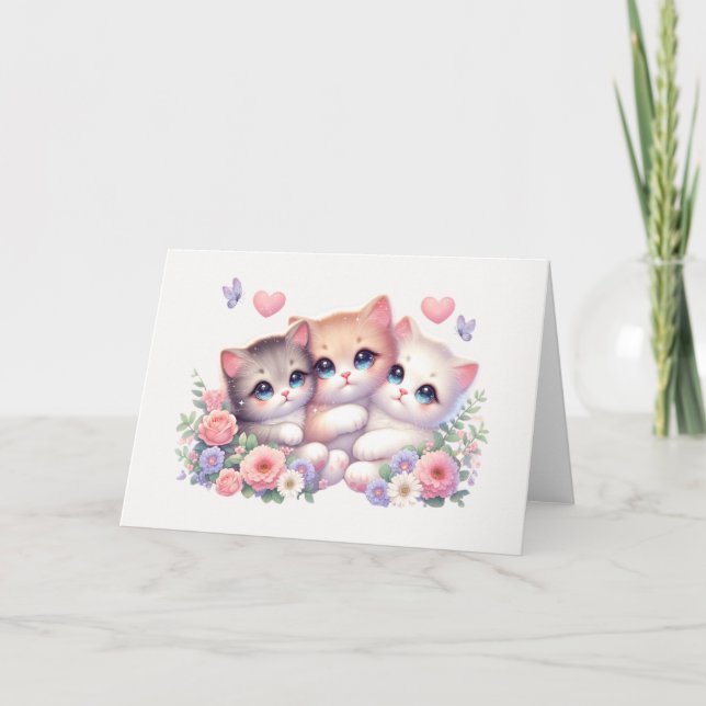 Tarjeta Whimsical Three-Kitten Pastel Floral Blank (Anverso)
