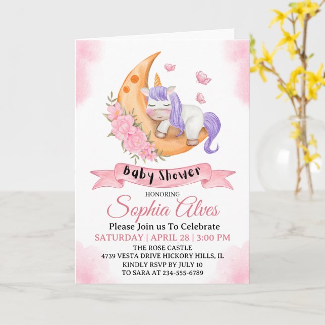Tarjeta Whimsical Unicorn Moon Baby Shower Para Niña (flor amarilla)