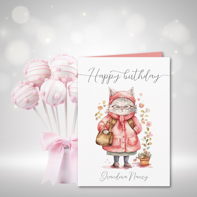 Tarjeta Whimsical Watercolor Abuela Gato Feliz cumpleaños (Whimsical Watercolor Grandma Cat Happy Birthday Card)