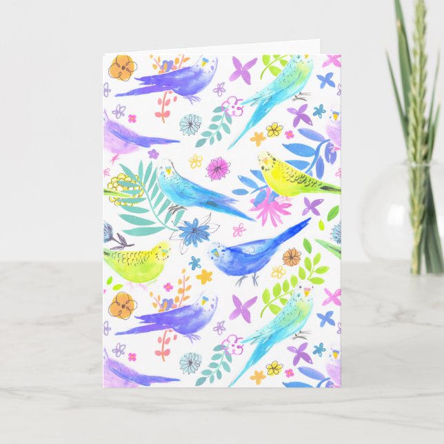 Tarjeta Whimsical Watercolour Budgie Parakeets (Anverso)
