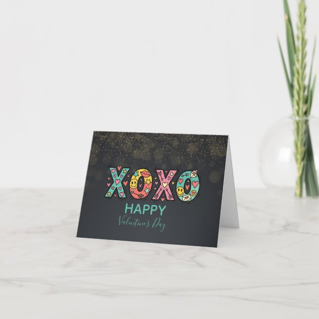 Tarjeta Whimsical "XOXO"Hearts Happy Valentine's Day (Anverso)