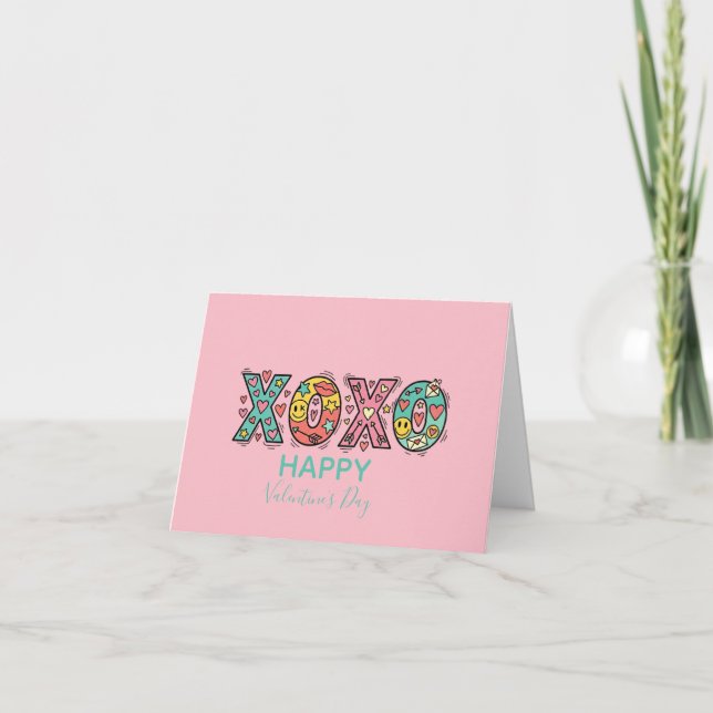 Tarjeta Whimsical "XOXO"Hearts Happy Valentine's Day Pink (Anverso)