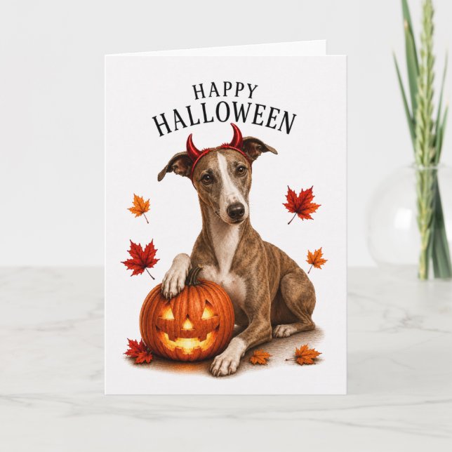 Tarjeta Whippet perro diablo de Halloween (Anverso)