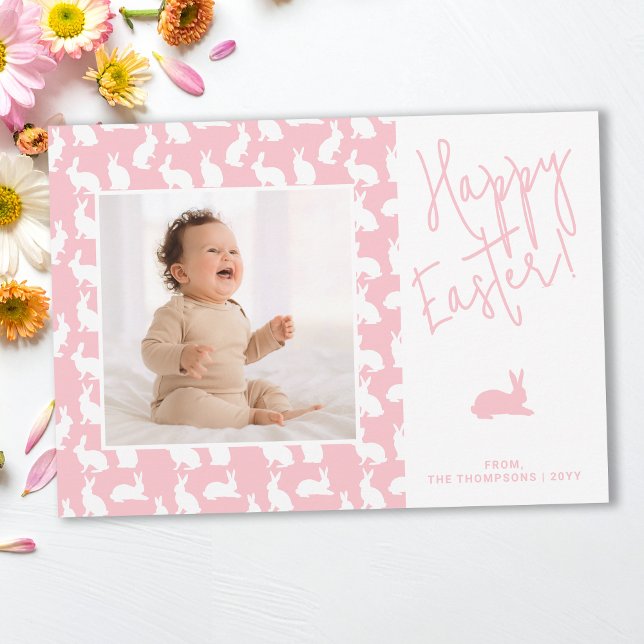 Tarjeta White Bunnies On Pink With Custom Photo Easter (Subido por el creador)