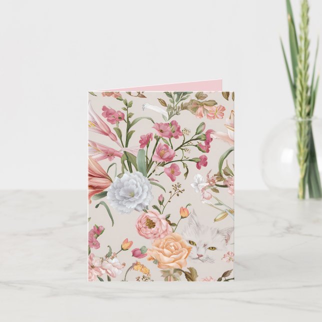 Tarjeta White Cats Pink Roses Floral Flat Thank You Card (Anverso)