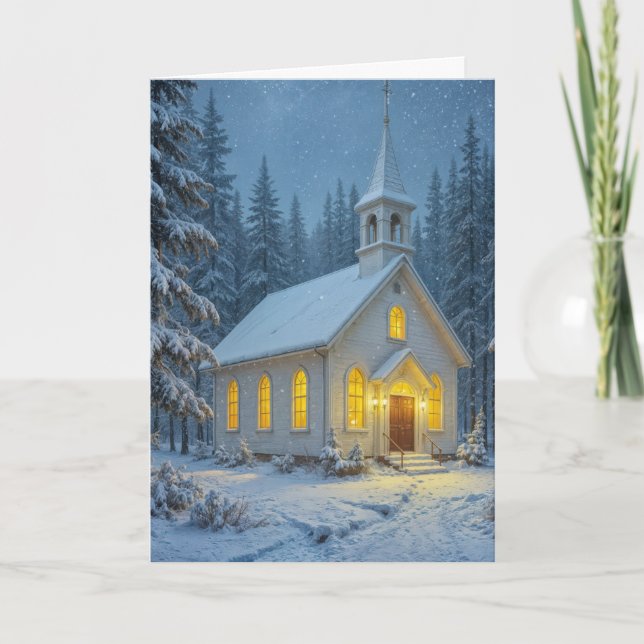 Tarjeta White Christmas Chapel In Winter Pines (Anverso)