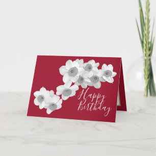 Tarjeta White Daffodils Color Rojo Fondo Cumpleaños