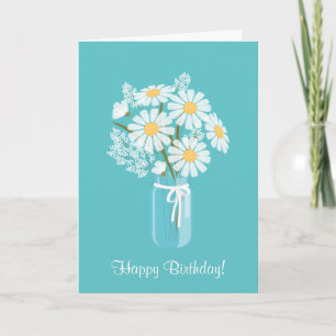 Tarjeta White Daisies Mason Jar Bouquet Feliz cumpleaños