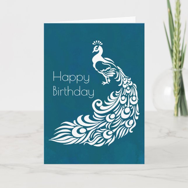 Tarjeta White Peacock sobre el feliz cumpleaños Verde azul (Anverso)