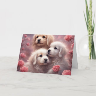 Tarjeta White Puppies Pink Roses Valentines Day