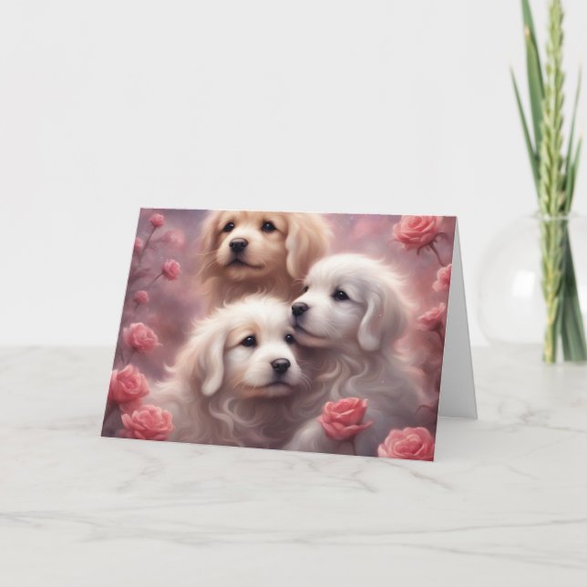Tarjeta White Puppies Pink Roses Valentines Day (Anverso)