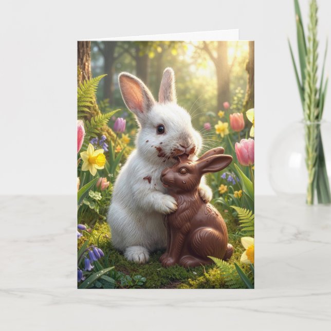 Tarjeta White Rabbit Licking a Chocolate Easter Bunny (Anverso)