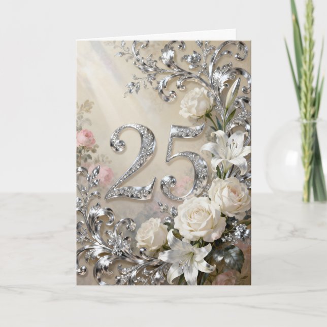 Tarjeta White Roses and Lilies Silver Anniversary (Anverso)