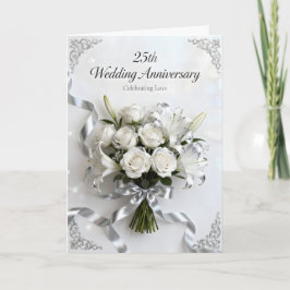 Tarjeta White Roses and Silver Ribbon 25th Anniversary