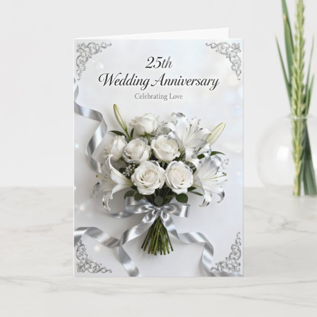 Tarjeta White Roses and Silver Ribbon 25th Anniversary (Anverso)