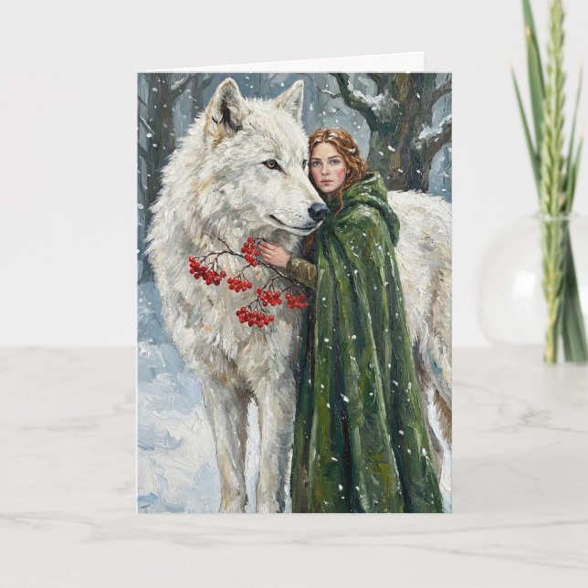 Tarjeta White Wolf Redhead Druid Winter Berries Fantasy Ar (Anverso)