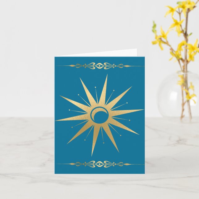 Tarjeta Wicca de Sol Luna Dorado Teal – Celestial  (flor amarilla)