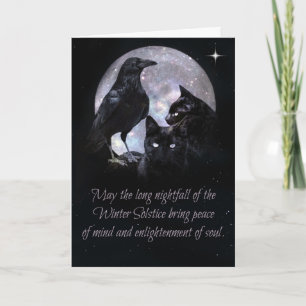 Tarjeta Wicca Pagana Solsticio de Invierno Cuervo y Gatos