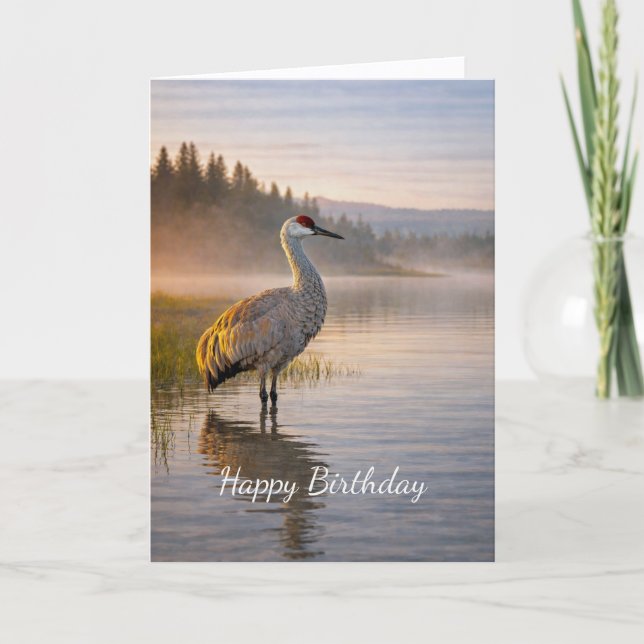 Tarjeta Wildlife Sandhill Crane Misty Lake Scene Birthday (Anverso)