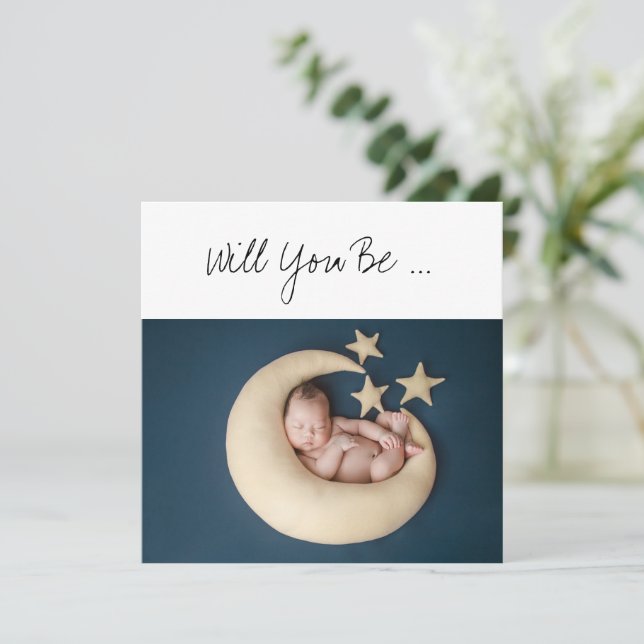 Tarjeta Will you be My Godfather Baby on Moon Photo Insert (Anverso de pie)