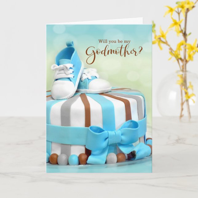 Tarjeta Will you be my Godmother Blue and Brown Cake (flor amarilla)