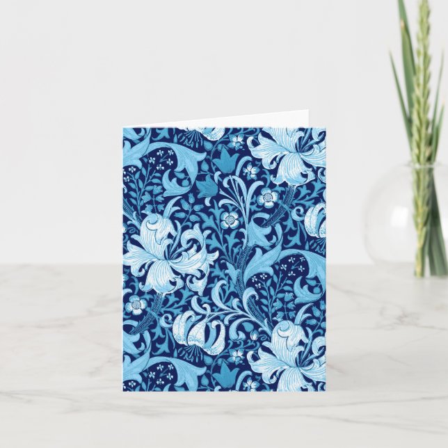 Tarjeta William Morris Iris y Lily, Indigo Azul y Blanco (Anverso)