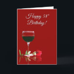 Tarjeta Wine Cheers Happy 58th Birthday Funny Card<br><div class="desc">Esta es una tarjeta humorística para el cumpleaños 58.  Una elegante cubierta de un vaso de vino tinto y una rosa roja con un divertido interior.  ¿Cumpliendo 58 años? ¡Ahora eso es algo de lo que hay que "enología"!  ¡Salud!</div>
