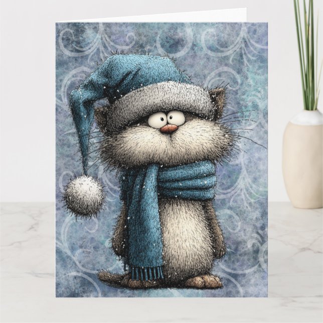 Tarjeta Winter Blue Christmas Cat With Hat And Scarf (Anverso)