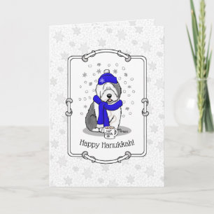Tarjeta Winter Blue Old English Sheepdog Happy Hanukkah