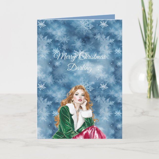 Tarjeta Winter Blue Snowflakes Christmas Red Head Girl (Anverso)