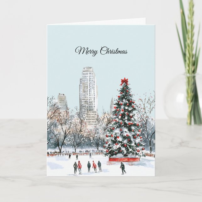 Tarjeta Winter Christmas Tree City Ice Skaters Buildings (Anverso)