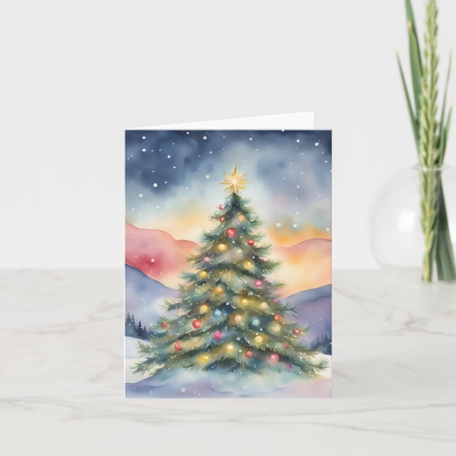 Tarjeta Winter Christmas Tree Snowy Sunset Scenery (Anverso)