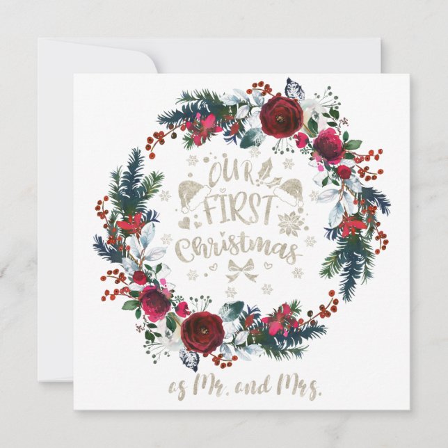 Tarjeta Winter Floral Nuestros primeros Navidades como Sr. (Anverso)
