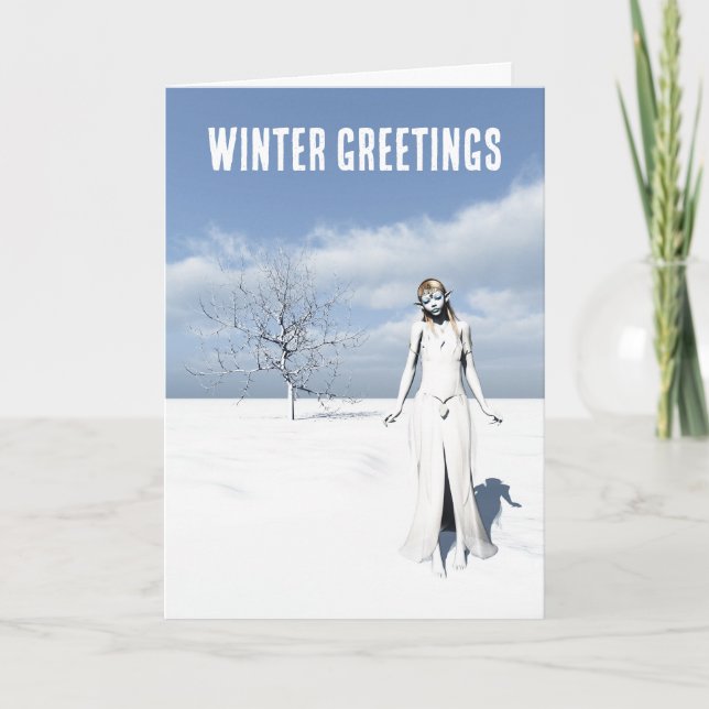 Tarjeta Winter Greetings. Female elf walking in the snow  (Anverso)