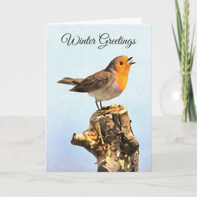 Tarjeta Winter Greetings. Robin singing  (Anverso)