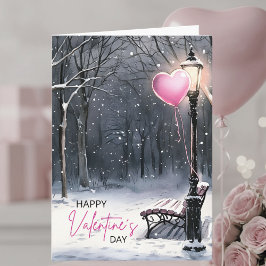 Tarjeta Winter Scene–Pink Hearts Happy Valentine's Day
