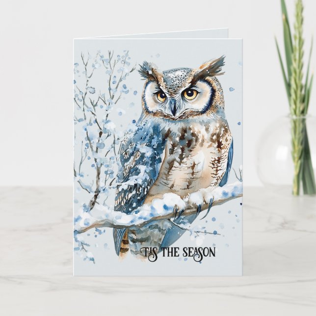 Tarjeta Winter Snowflakes Blue Owl Christmas (Anverso)
