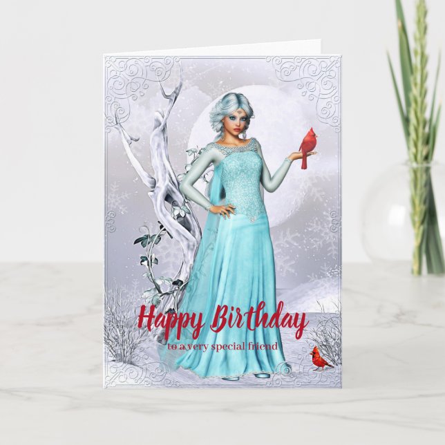 Tarjeta Winter Woman with Cardinal Birds Birthday Card (Anverso)